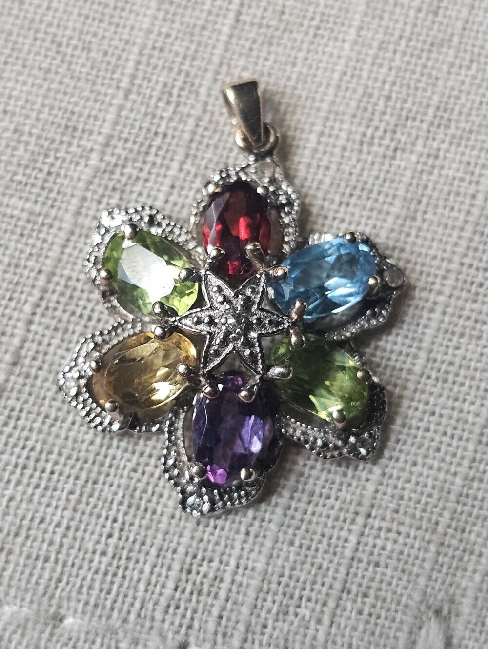10k White Gold Pendant With Multicolor Floral Gemstones